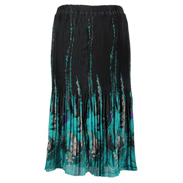 Wholesale 1063 - Georgette Micro Pleat Calf Length Skirts Floral Border Black-Turquoise - One Size Fits Most