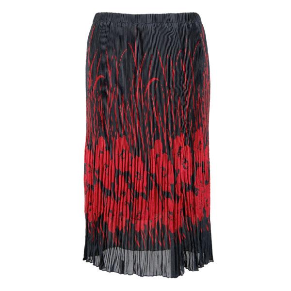 Wholesale 1063 - Georgette Micro Pleat Calf Length Skirts Red Poppies on Black - One Size Fits Most