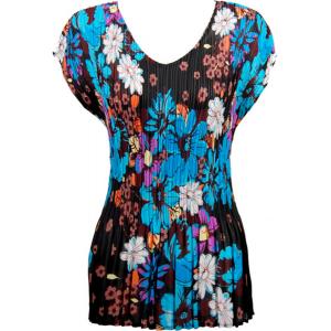 1116 - Georgette Mini Pleats Cap Sleeve V-Neck Top Bright Blue Floral on Black - One Size Fits Most