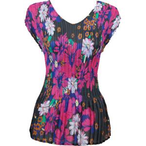 Wholesale 1116 - Georgette Mini Pleats Cap Sleeve V-Neck Top Bright Pink Floral on Black  - One Size Fits Most
