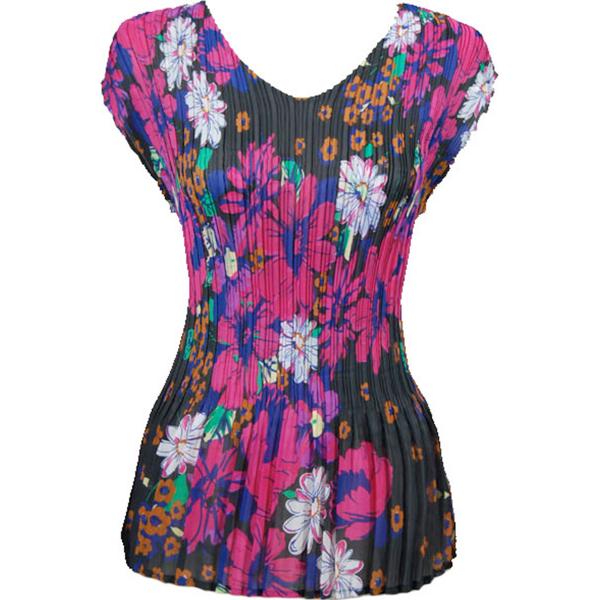 1116 - Georgette Mini Pleats Cap Sleeve V-Neck Top Bright Pink Floral on Black  - One Size Fits Most