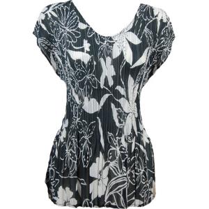 1116 - Georgette Mini Pleats Cap Sleeve V-Neck Top Floral - White on Black - One Size Fits Most