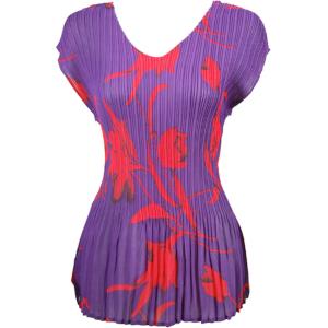 1116 - Georgette Mini Pleats Cap Sleeve V-Neck Top Red Tulips on Purple                       - One Size Fits Most