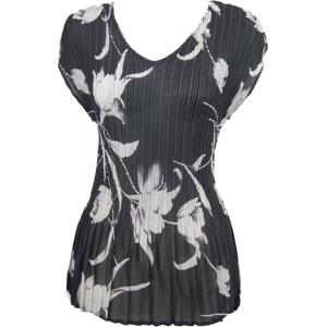 1116 - Georgette Mini Pleats Cap Sleeve V-Neck Top White Tulips on Black - One Size Fits Most