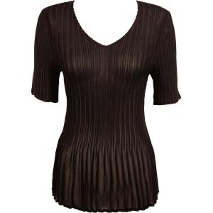 1117 - Georgette Mini Pleat Half Sleeve V-Neck Top Solid Dark Brown - One Size Fits Most