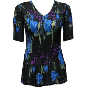 1117 - Georgette Mini Pleat Half Sleeve V-Neck Top Black-Blue Floral - One Size Fits Most