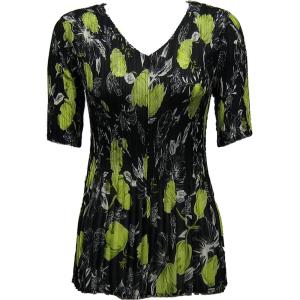 Wholesale 1117 - Georgette Mini Pleat Half Sleeve V-Neck Top Black-Kiwi Floral - One Size Fits Most