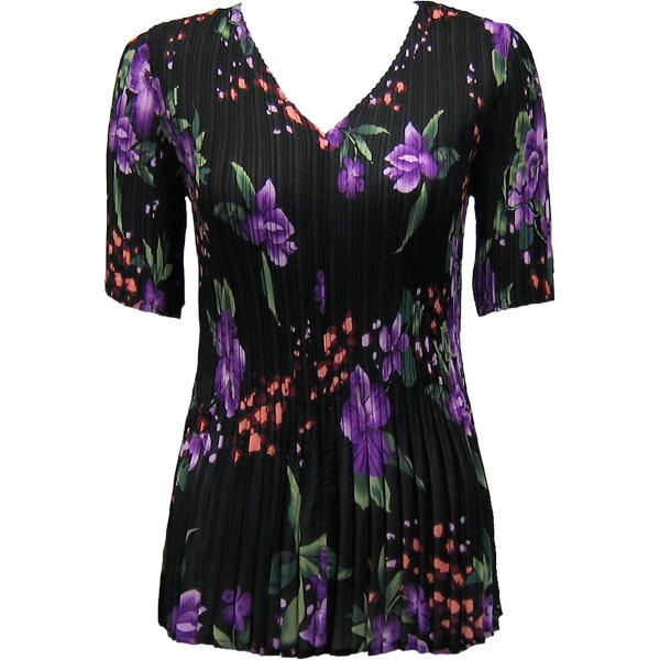 Wholesale 1117 - Georgette Mini Pleat Half Sleeve V-Neck Top Black-Purple Floral MB - One Size Fits Most