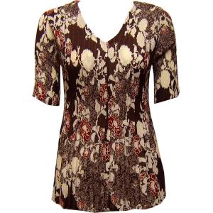 1117 - Georgette Mini Pleat Half Sleeve V-Neck Top Chocolate-Ivory Floral - One Size Fits Most