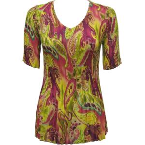 Wholesale 1117 - Georgette Mini Pleat Half Sleeve V-Neck Top Pink-Lime Paisley - One Size Fits Most
