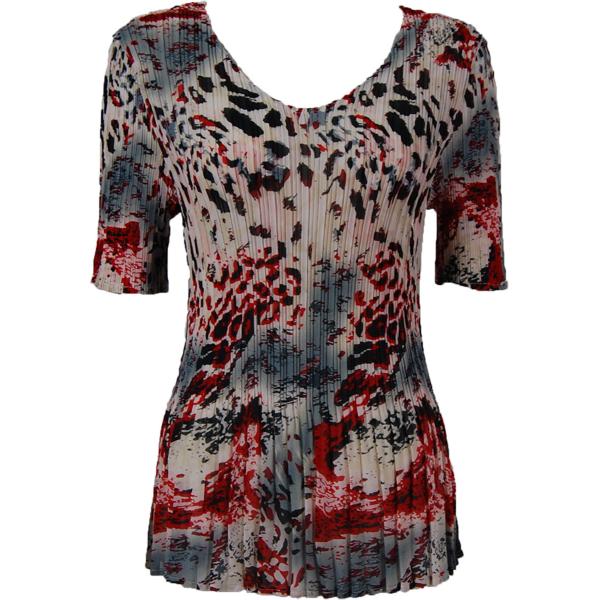 wholesale 1117 - Georgette Mini Pleat Half Sleeve V-Neck Top Reptile Floral - Red - One Size Fits Most