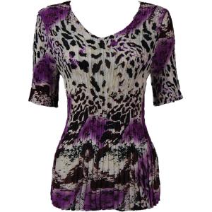 1117 - Georgette Mini Pleat Half Sleeve V-Neck Top Reptile Floral - Purple - One Size Fits Most