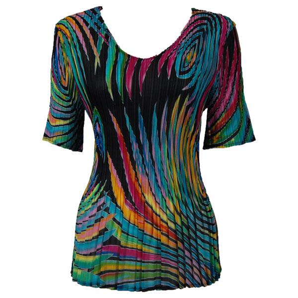 Wholesale 1117 - Georgette Mini Pleat Half Sleeve V-Neck Top Rainbow Swirl on Black MB - One Size Fits Most