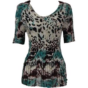 1117 - Georgette Mini Pleat Half Sleeve V-Neck Top Reptile Floral - Teal - One Size Fits Most