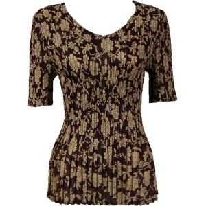1117 - Georgette Mini Pleat Half Sleeve V-Neck Top Floral Brown-Ivory - One Size Fits Most
