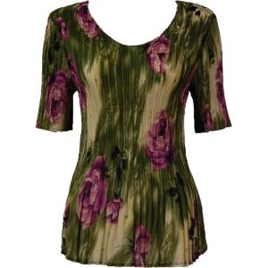 1117 - Georgette Mini Pleat Half Sleeve V-Neck Top Roses Olive-Purple - One Size Fits Most