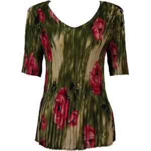 1117 - Georgette Mini Pleat Half Sleeve V-Neck Top Roses Olive-Pink - One Size Fits Most