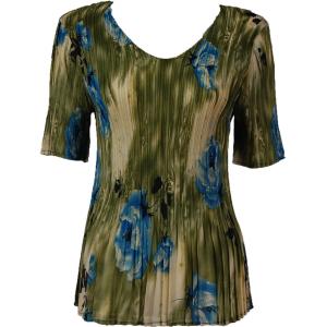 1117 - Georgette Mini Pleat Half Sleeve V-Neck Top Roses Olive-Blue - One Size Fits Most