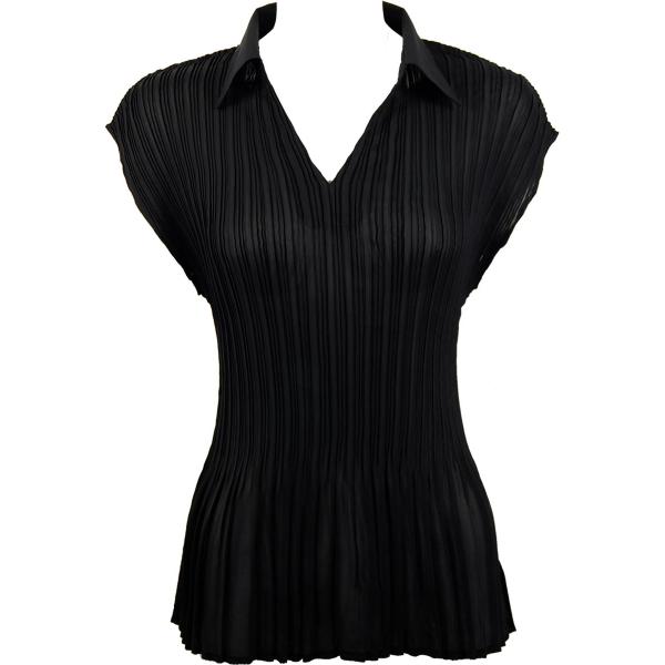 1121 - Georgette Collared Mini Pleats Cap Sleeve  Solid Black - ONE SIZE FITS (S-L)
