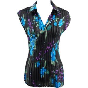 1121 - Georgette Collared Mini Pleats Cap Sleeve  Black-Blue Floral - ONE SIZE FITS (S-L)