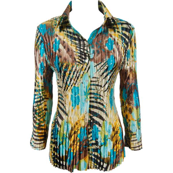Wholesale 1149 - Satin Mini Pleats Half Sleeve with Collar Jungle Floral - Turquoise Satin Mini Pleat - Blouse - One Size Fits Most