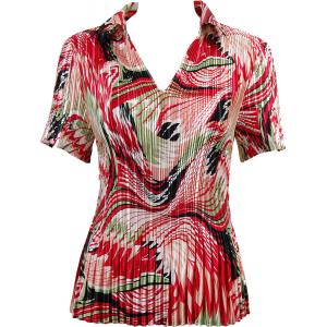 1149 - Satin Mini Pleats Half Sleeve with Collar Abstract Red-White
 - One Size Fits Most