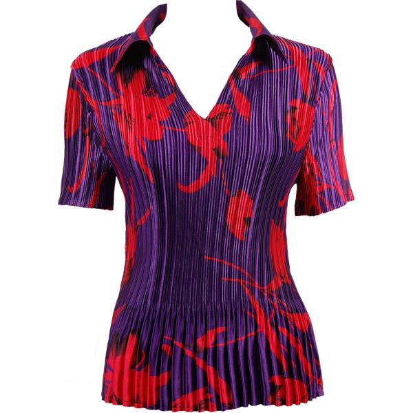 Wholesale 1149 - Satin Mini Pleats Half Sleeve with Collar Red Tulips on Purple - One Size Fits Most