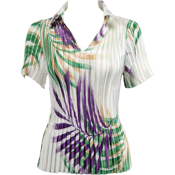 Wholesale 1149 - Satin Mini Pleats Half Sleeve with Collar Palm Leaf Green-Purple - One Size Fits Most