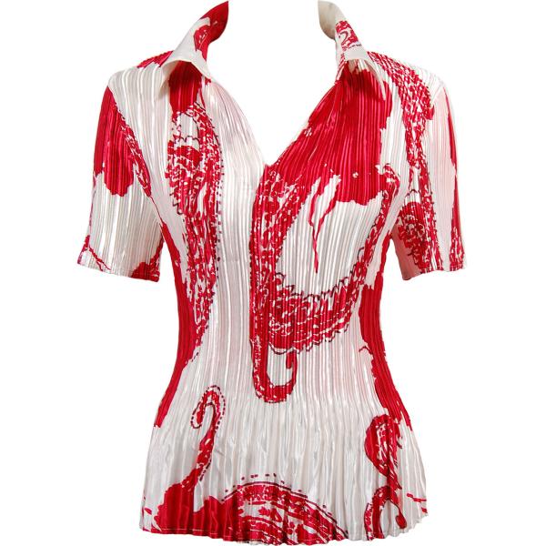 Wholesale 1149 - Satin Mini Pleats Half Sleeve with Collar Red on White - One Size Fits Most