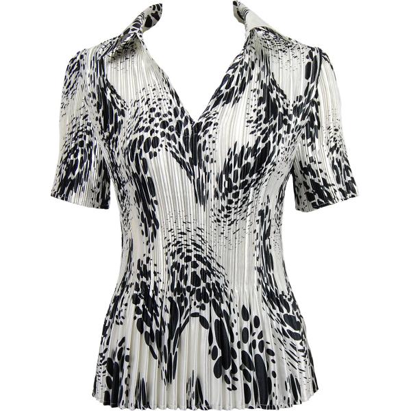 Wholesale 745 - Skirts - Satin Mini Pleat Tiered White-Black Swirl Dots Satin Mini Pleat - Half Sleeve with Collar - One Size Fits Most