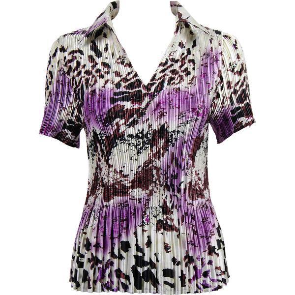 Wholesale 657 - Half Sleeve V-Neck Satin Mini Pleat Tops Reptile Floral - Purple - One Size Fits Most