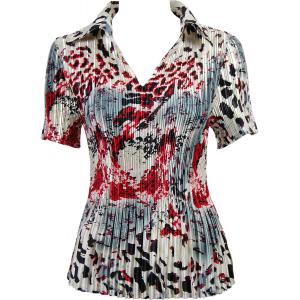 1149 - Satin Mini Pleats Half Sleeve with Collar Reptile Floral - Red - One Size Fits Most