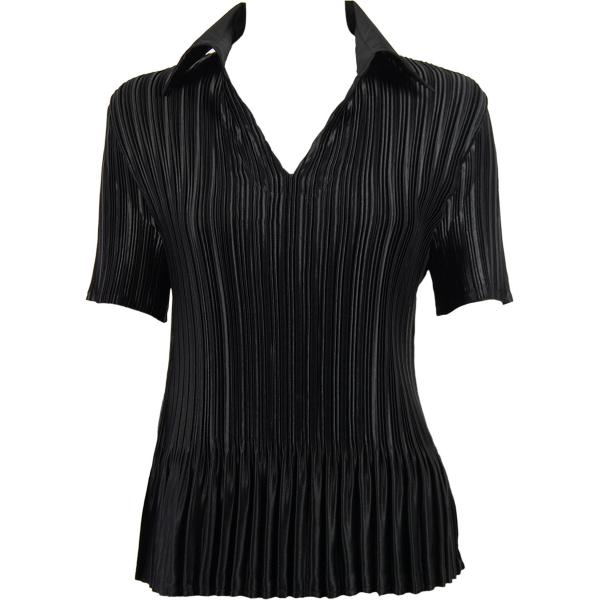 Wholesale 657 - Half Sleeve V-Neck Satin Mini Pleat Tops Solid Black - One Size Fits Most