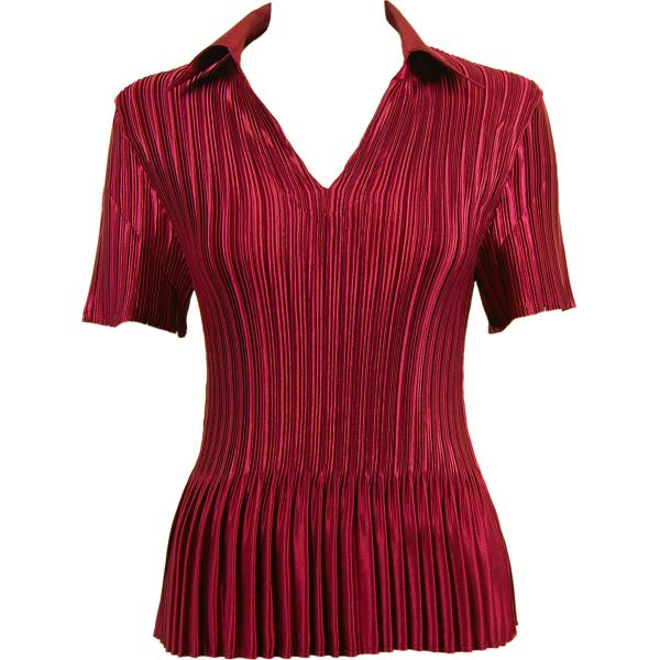 Wholesale 1149 - Satin Mini Pleats Half Sleeve with Collar Solid Wine
 - One Size Fits Most