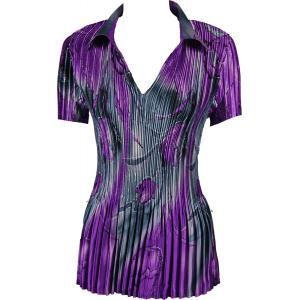 1149 - Satin Mini Pleats Half Sleeve with Collar Tulips Charcoal-Purple - One Size Fits Most