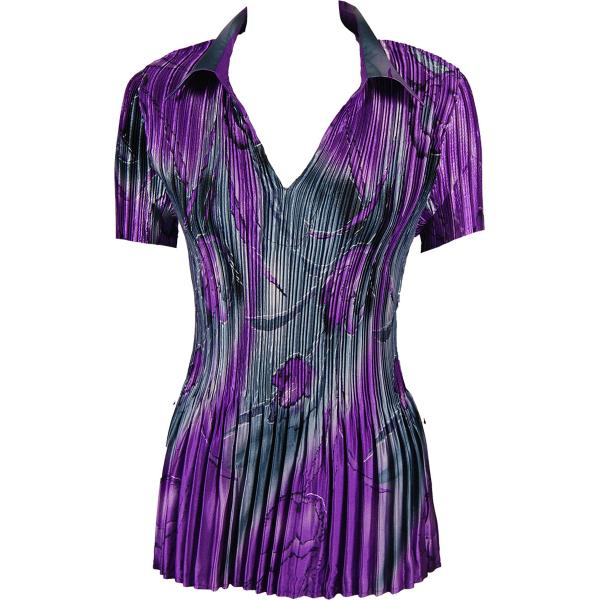 Wholesale 1210 - Satin Mini Pleat 3/4 Sleeve V-Neck Tulips Charcoal-Purple - One Size Fits Most