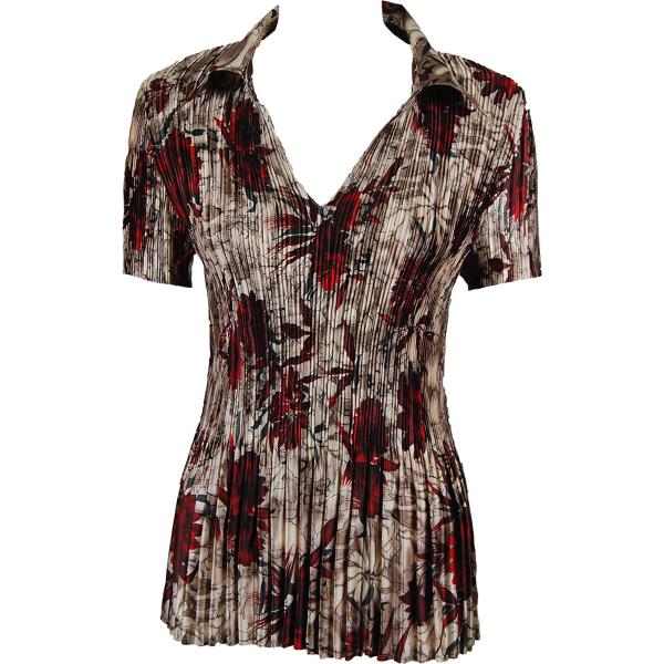 Wholesale 1149 - Satin Mini Pleats Half Sleeve with Collar Crimson-Taupe Floral - One Size Fits Most