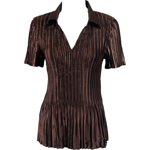 Wholesale 1149 - Satin Mini Pleats Half Sleeve with Collar Solid Brown - One Size Fits Most