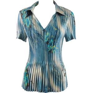 1149 - Satin Mini Pleats Half Sleeve with Collar Marble Floral - Blue - One Size Fits Most