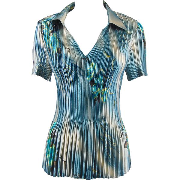 Wholesale 657 - Half Sleeve V-Neck Satin Mini Pleat Tops Marble Floral - Blue - One Size Fits Most