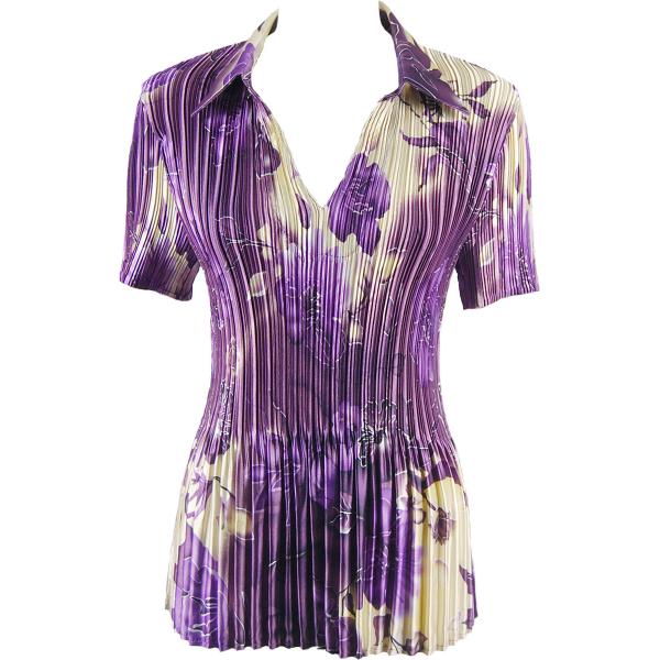 Wholesale 1277 - Satin Mini Pleats - Cap Sleeve with Collar Rose Floral - Purple - One Size Fits Most