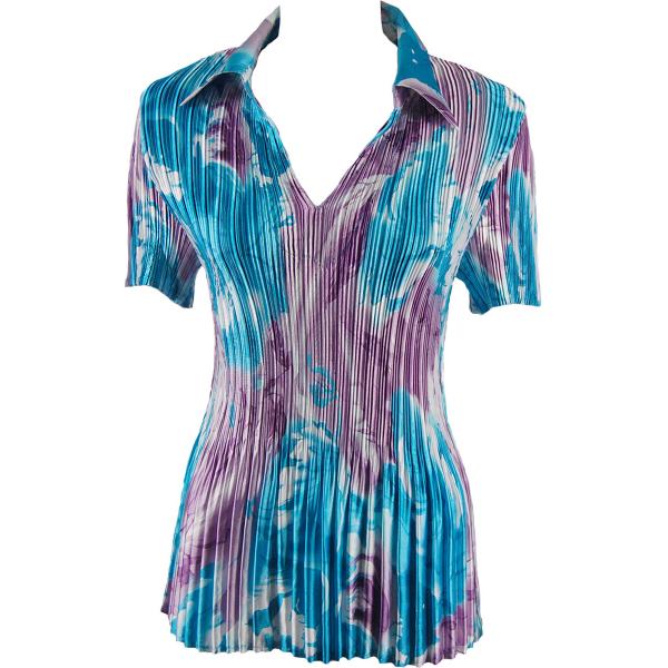 Wholesale 1211 - Satin Mini Pleats  3/4 Sleeve w/ Collar Turquoise-Purple Watercolors - One Size Fits Most