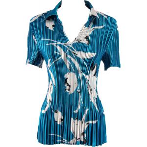 1149 - Satin Mini Pleats Half Sleeve with Collar White Tulips on Teal - One Size Fits Most