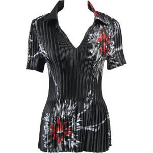 1149 - Satin Mini Pleats Half Sleeve with Collar Oriental Floral Black-Red - One Size Fits Most