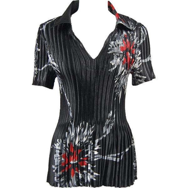 Wholesale 1149 - Satin Mini Pleats Half Sleeve with Collar Oriental Floral Black-Red - One Size Fits Most