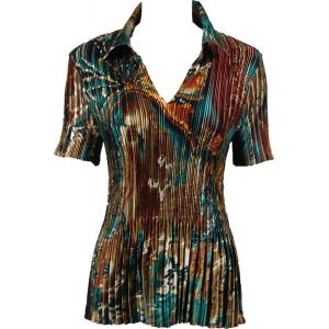1149 - Satin Mini Pleats Half Sleeve with Collar Abstract Lilies Copper-Teal
 - One Size Fits Most