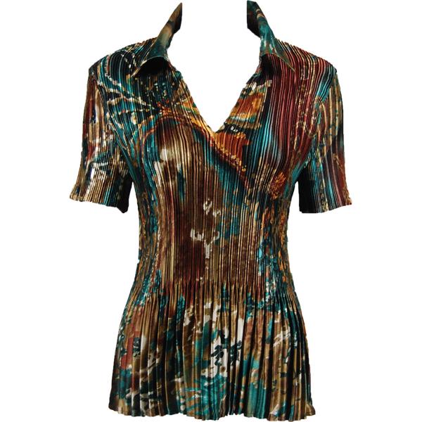 Wholesale 1149 - Satin Mini Pleats Half Sleeve with Collar Abstract Lilies Copper-Teal
 - One Size Fits Most