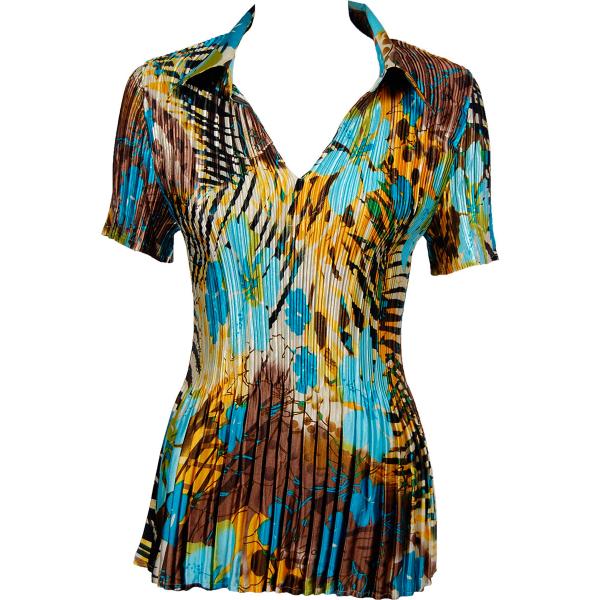 Wholesale 1211 - Satin Mini Pleats  3/4 Sleeve w/ Collar Jungle Floral - Turquoise - One Size Fits Most