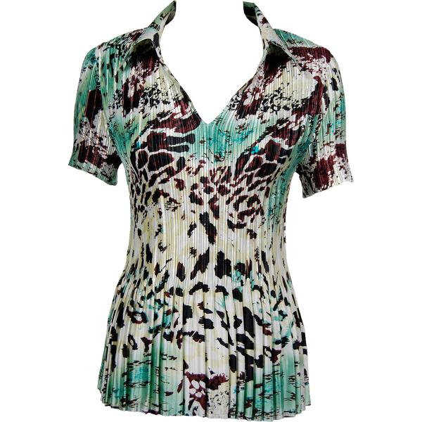 Wholesale 657 - Half Sleeve V-Neck Satin Mini Pleat Tops Reptile Floral - Teal - One Size Fits Most