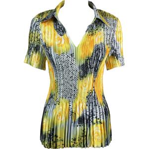 1149 - Satin Mini Pleats Half Sleeve with Collar Patchwork Swirl Yellow-Silver - One Size Fits Most